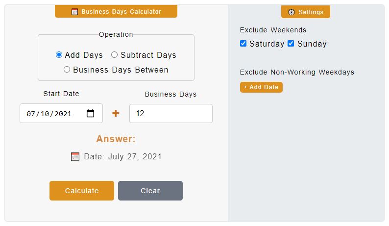 Business Days Calculator Add Subtract Between Days 